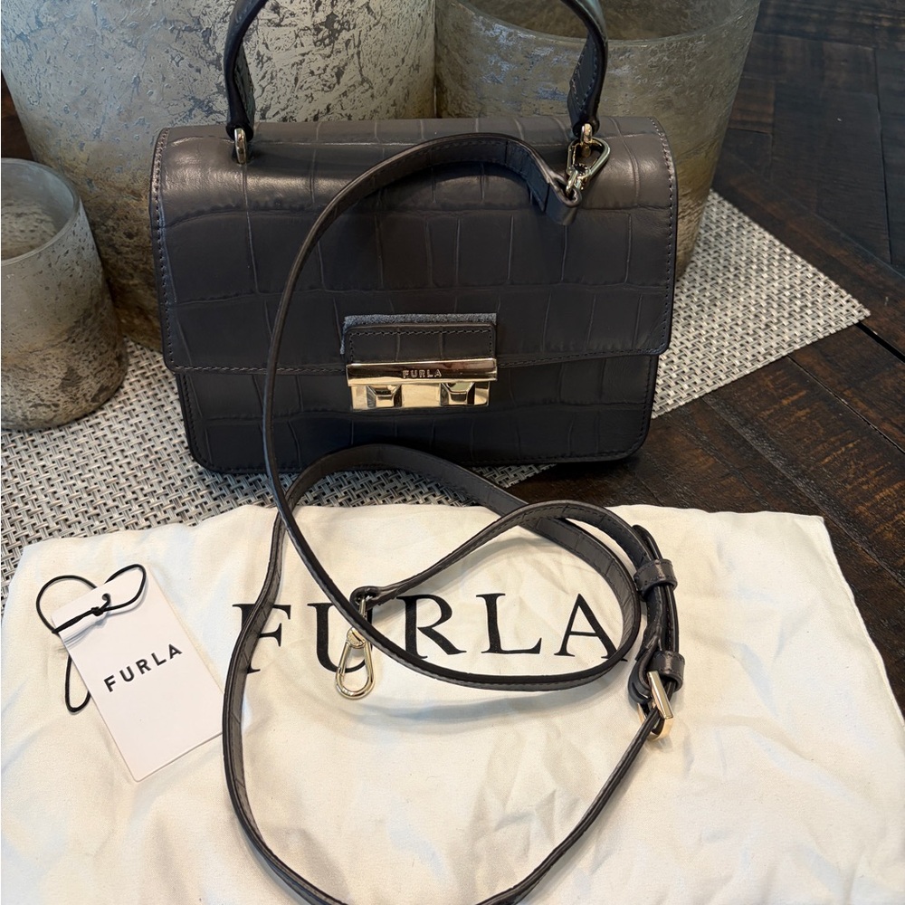 Furla Black Croc-Embossed Leather Top-Handle Bag